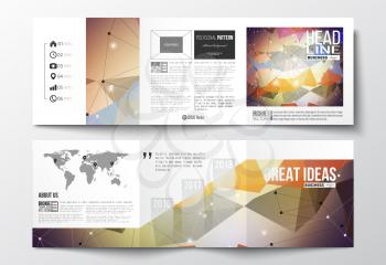Vector set of tri-fold brochures, square design templates with element of world map. Molecular construction with connected lines and dots, scientific pattern on abstract colorful polygonal background,