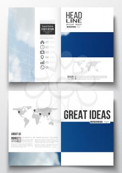 Set of business templates for brochure, magazine, flyer, booklet or annual report. Beautiful blue sky, abstract geometric background with white clouds, leaflet cover, business layout, vector.