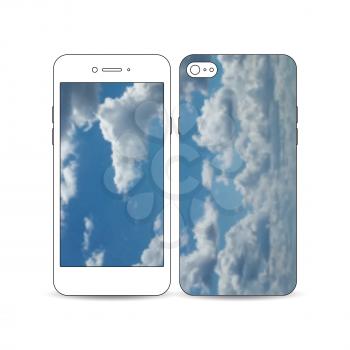 Mobile smartphone with an example of the screen and cover design isolated on white background. Beautiful blue sky, abstract background with white clouds, leaflet cover, business layout, vector illustr