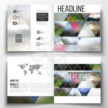 Set of square design brochure template. Abstract colorful polygonal background, natural landscapes, geometric, triangular style vector illustration.