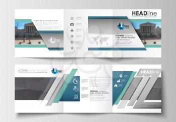 Set of business templates for tri-fold brochures. Square design. Leaflet cover, abstract flat layout, easy editable blank. Abstract business background, blurred image, urban landscape, modern stylish 