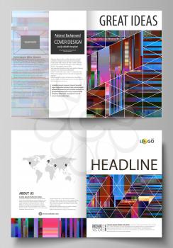 Business templates for bi fold brochure, magazine, flyer, booklet, report. Cover design template, abstract vector layout in A4 size. Glitched background made of colorful pixel mosaic. Digital decay, s