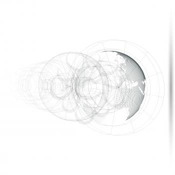 Isolated 3D dotted world globe with abstract construction, connecting lines on white background. Vector design, structure, shape, form, orbit, space station. Scientific research. Science, technology c