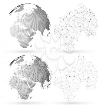 Set of 3D dotted world globes with abstract construction, connecting lines and dots, molecules on white background. Molecule structure, scientific research. Medicine, science, technology concept. Abst
