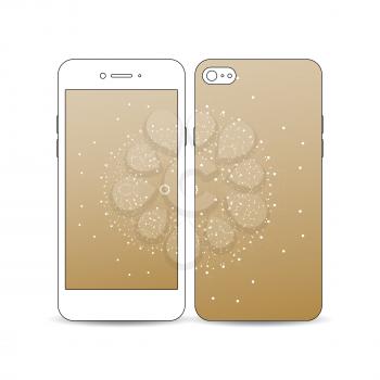 Mobile smartphone with an example of the screen and cover design isolated on white. Polygonal backdrop with connecting dots and lines, golden background, connection structure. Digital vector
