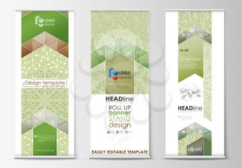 Set of roll up banner stands, flat design templates, abstract geometric style, modern business concept, corporate vertical vector flyers, flag banner layouts. Green color background with leaves. Spa c