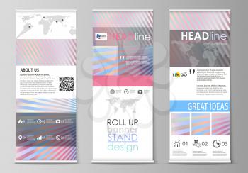 Set of roll up banner stands, flat design templates, abstract geometric style, modern business concept, corporate vertical vector flyers, flag layouts. Sweet pink and blue decoration, pretty romantic 