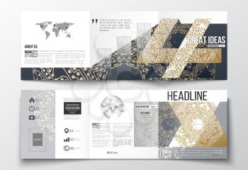 Set of tri-fold brochures, square design templates with element of world map and globe. Golden microchip pattern, connecting dots and lines, connection structure. Digital scientific background