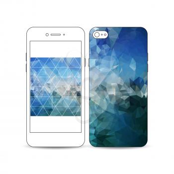 Mobile smartphone with an example of the screen and cover design isolated on white background. Abstract blue polygonal background, colorful backdrop, modern stylish vector texture.
