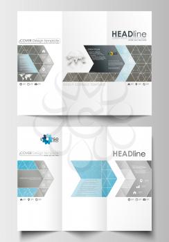 Tri-fold brochure business templates on both sides. Easy editable abstract layout in flat design. Scientific medical research, chemistry pattern, hexagonal design molecule structure, science vector ba
