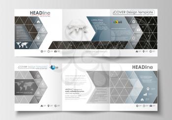 Set of business templates for tri-fold brochures. Square design. Leaflet cover, abstract flat layout, easy editable blank. Abstract 3D construction and polygonal molecules on gray background, scientif
