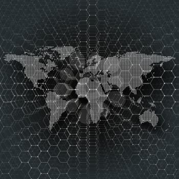 White dotted world map, connecting lines and dots on black color background. Chemistry pattern, hexagonal molecule structure, scientific or medical research. Medicine, science, technology concept. Abs