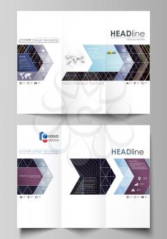 Tri-fold brochure business templates on both sides. Easy editable abstract vector layout in flat design. Abstract polygonal background with hexagons, illusion of depth and perspective. Black color geo