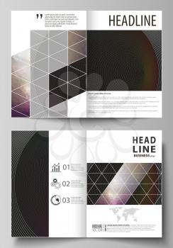 Business templates for bi fold brochure, magazine, flyer, booklet or annual report. Cover design template, easy editable vector, abstract flat layout in A4 size. Dark color triangles and colorful circ