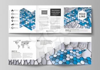 Set of business templates for tri fold square design brochures. Leaflet cover, abstract flat layout, easy editable vector. Blue and gray color hexagons in perspective. Abstract polygonal style modern 