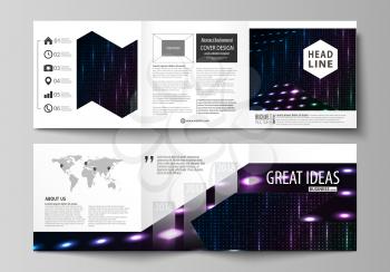 Set of business templates for tri fold square design brochures. Leaflet cover, abstract flat layout, easy editable vector. Abstract colorful neon dots, dotted technology background. Glowing particles,