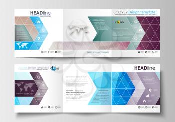 Set of business templates for tri-fold brochures. Square design. Leaflet cover, abstract flat layout, easy editable blank. Abstract triangles, blue triangular background, modern colorful polygonal vec