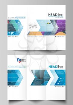 Tri-fold brochure business templates on both sides. Easy editable abstract layout in flat design, vector illustration. Bright color pattern, colorful design with overlapping shapes forming abstract be
