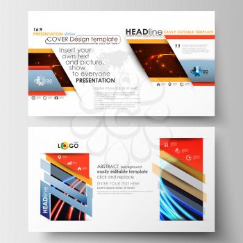 Business templates in HD format for presentation slides. Easy editable abstract layouts in flat design. Abstract lines background with color glowing neon streams, motion design vector.
