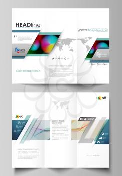 Tri-fold brochure business templates on both sides. Easy editable abstract layout in flat design, vector illustration. Colorful design with overlapping geometric shapes and waves forming abstract beau