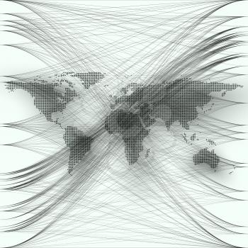 Black color dotted world map with abstract waves and lines on white background. Motion design. Gray chaotic, random, messy curves, swirl. Vector decoration