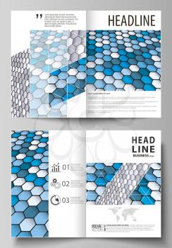 Business templates for bi fold brochure, magazine, flyer, booklet or annual report. Cover design template, easy editable vector, abstract flat layout in A4 size. Blue and gray color hexagons in perspe