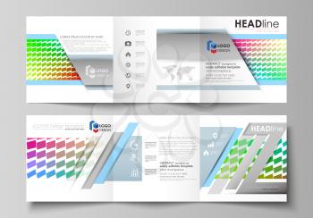 Set of business templates for tri fold square design brochures. Leaflet cover, abstract flat layout, easy editable vector. Colorful rectangles, moving dynamic shapes forming abstract polygonal style b
