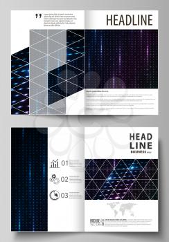 Business templates for bi fold brochure, magazine, flyer, booklet or annual report. Cover design template, easy editable vector, abstract flat layout in A4 size. Abstract colorful neon dots, dotted te