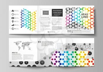 Set of business templates for tri fold square design brochures. Leaflet cover, abstract flat layout, easy editable vector. Chemistry pattern, hexagonal molecule structure. Medicine, science and techno