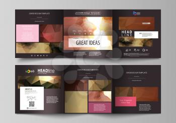 Set of business templates for tri fold square design brochures. Leaflet cover, abstract flat layout, easy editable vector. Romantic couple kissing. Beautiful background. Geometrical pattern in triangu
