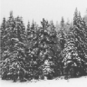 Pine forest in winter, landscape nature. Vintage design template