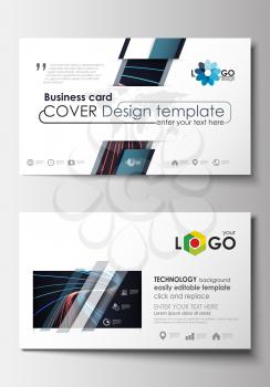 Business card templates. Cover design template, easy editable blank, abstract flat layout. Abstract lines background with color glowing neon streams, motion design vector.