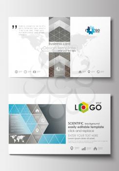 Business card templates. Cover design template, easy editable blank, abstract flat layout. Scientific medical research, chemistry pattern, hexagonal design molecule structure, science vector backgroun