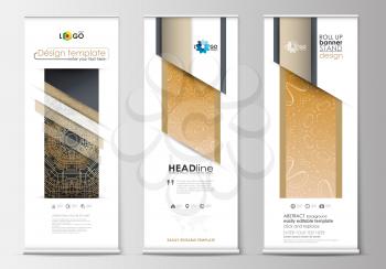 Set of roll up banner stands, flat design templates, abstract geometric style, modern business concept, corporate vertical vector flyers, flag banner layouts. Golden technology background, connection 