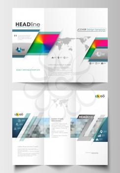 Tri-fold brochure business templates on both sides. Easy editable abstract layout in flat design. Abstract triangles, blue triangular background, modern colorful polygonal vector.