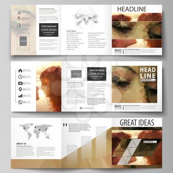 Set of business templates for tri fold square design brochures. Leaflet cover, abstract flat layout, easy editable vector. Romantic couple kissing. Beautiful background. Geometrical pattern in triangu