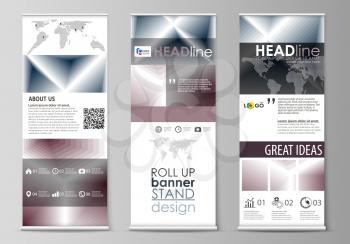 Set of roll up banner stands, flat design templates, abstract geometric style, modern business concept, corporate vertical vector flyers, flag layouts. Simple monochrome geometric pattern. Abstract po