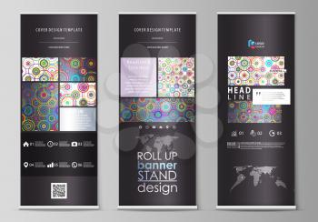 Set of roll up banner stands, flat design templates, abstract geometric style, modern business concept, corporate vertical vector flyers, flag layouts. Bright color background in minimalist style made