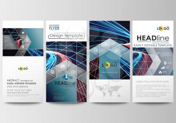 Flyers set, modern banners. Business templates. Cover design template, easy editable, abstract flat layouts. Abstract lines background with color glowing neon streams, motion design vector.