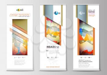 Set of roll up banner stands, flat design templates, abstract geometric style, modern business concept, corporate vertical vector flyers, flag banner layouts. Abstract colorful triangle design vector 