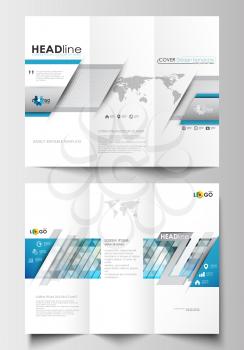 Tri-fold brochure business templates on both sides. Easy editable abstract layout in flat design. Abstract triangles, blue and gray triangular background, modern colorful polygonal vector.