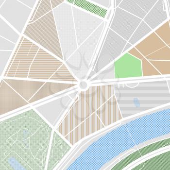 Map of the city with streets, parks and pond. Flat design abstract vector illustration