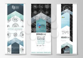 Set of roll up banner stands, flat templates, geometric style, modern business concept, corporate vertical vector flyers, flag layouts. High tech, connecting system. Science and technology concept. Fu