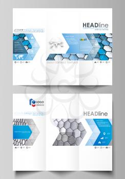 Tri-fold brochure business templates on both sides. Easy editable abstract vector layout in flat design. Blue and gray color hexagons in perspective. Abstract polygonal style modern background.