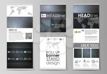 Set of roll up banner stands, flat design templates, abstract geometric style, modern business concept, corporate vertical vector flyers, flag layouts. Colorful dark background with abstract lines. Br