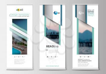 Set of roll up banner stands, flat design templates, abstract geometric style, modern business concept, corporate vertical vector flyers, flag banner layouts. Blue color travel decoration layout, easy