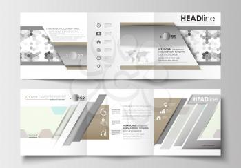 Set of business templates for tri-fold brochures. Square design. Leaflet cover, flat layout, easy editable blank. Abstract gray color business background, modern stylish hexagonal vector texture.
