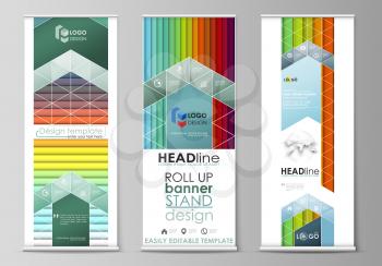 Set of roll up banner stands, flat design templates, abstract geometric style, modern business concept, corporate vertical vector flyers, flag banner layouts. Bright color rectangles, colorful design,