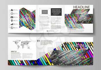 Set of business templates for tri fold square design brochures. Leaflet cover, abstract flat layout, easy editable vector. Colorful background made of stripes. Abstract tubes and dots. Glowing multico