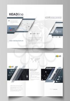 Tri-fold brochure business templates on both sides. Easy editable abstract vector layout in flat design. Abstract infographic background in minimalist style made from lines, symbols, charts, diagrams 